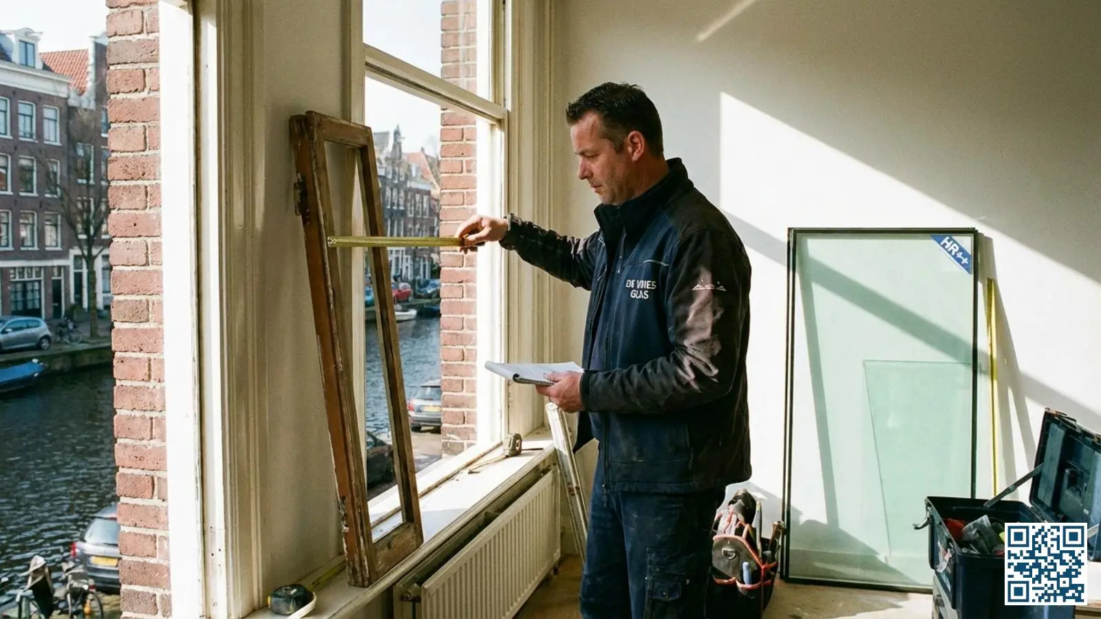 Professionele glaszetter meet nauwkeurig het raamoppervlak met een meetlint in een Nederlandse woning