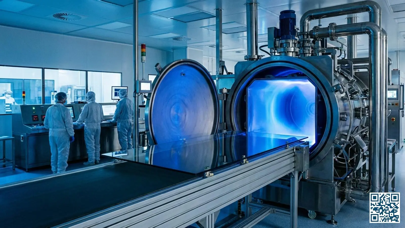 Industrieel productieproces van glascoating met magnetronsputtering in een moderne fabriek