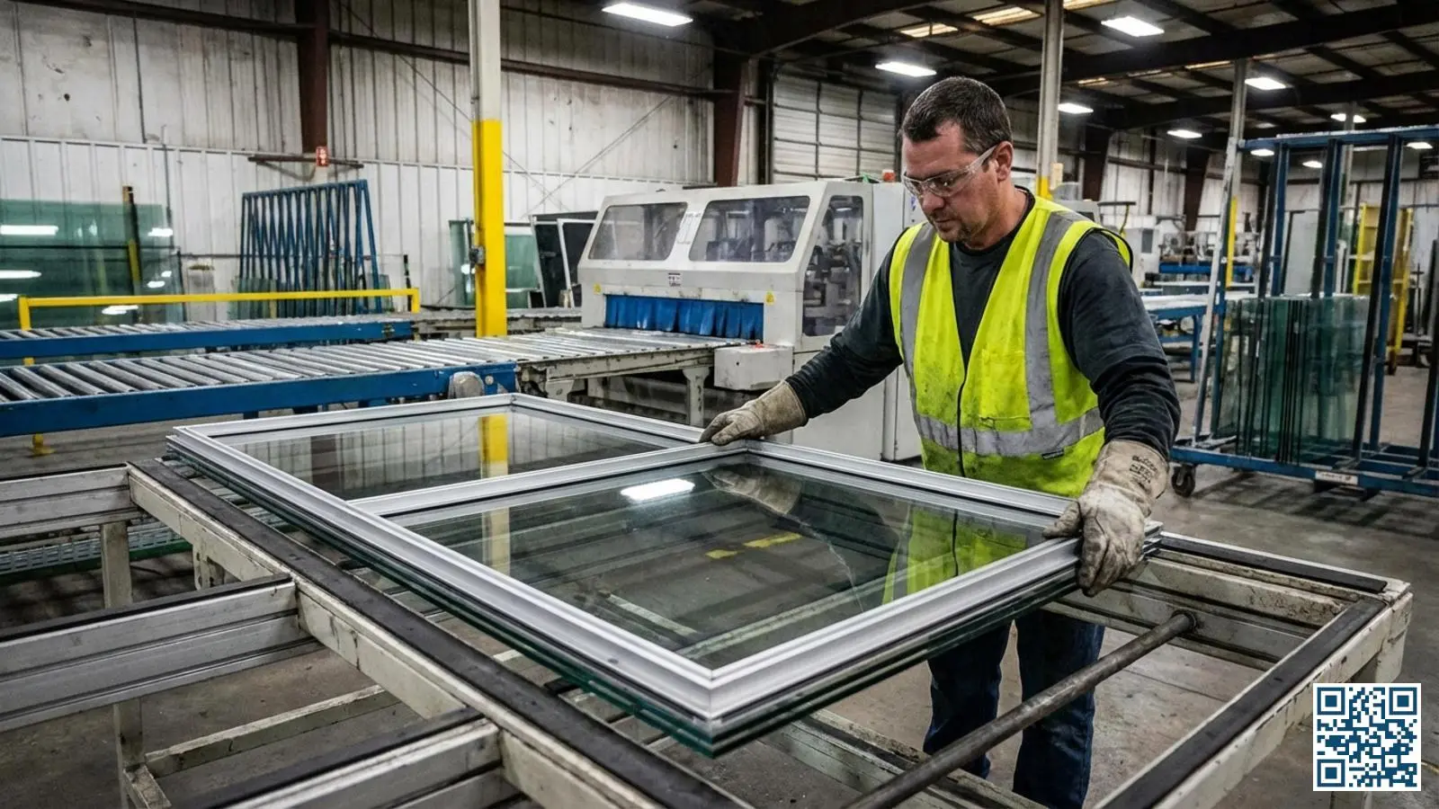 Fabrieksmedewerker assembleert een isolatieglasunit met spacer en glasplaten in een moderne glasfabriek