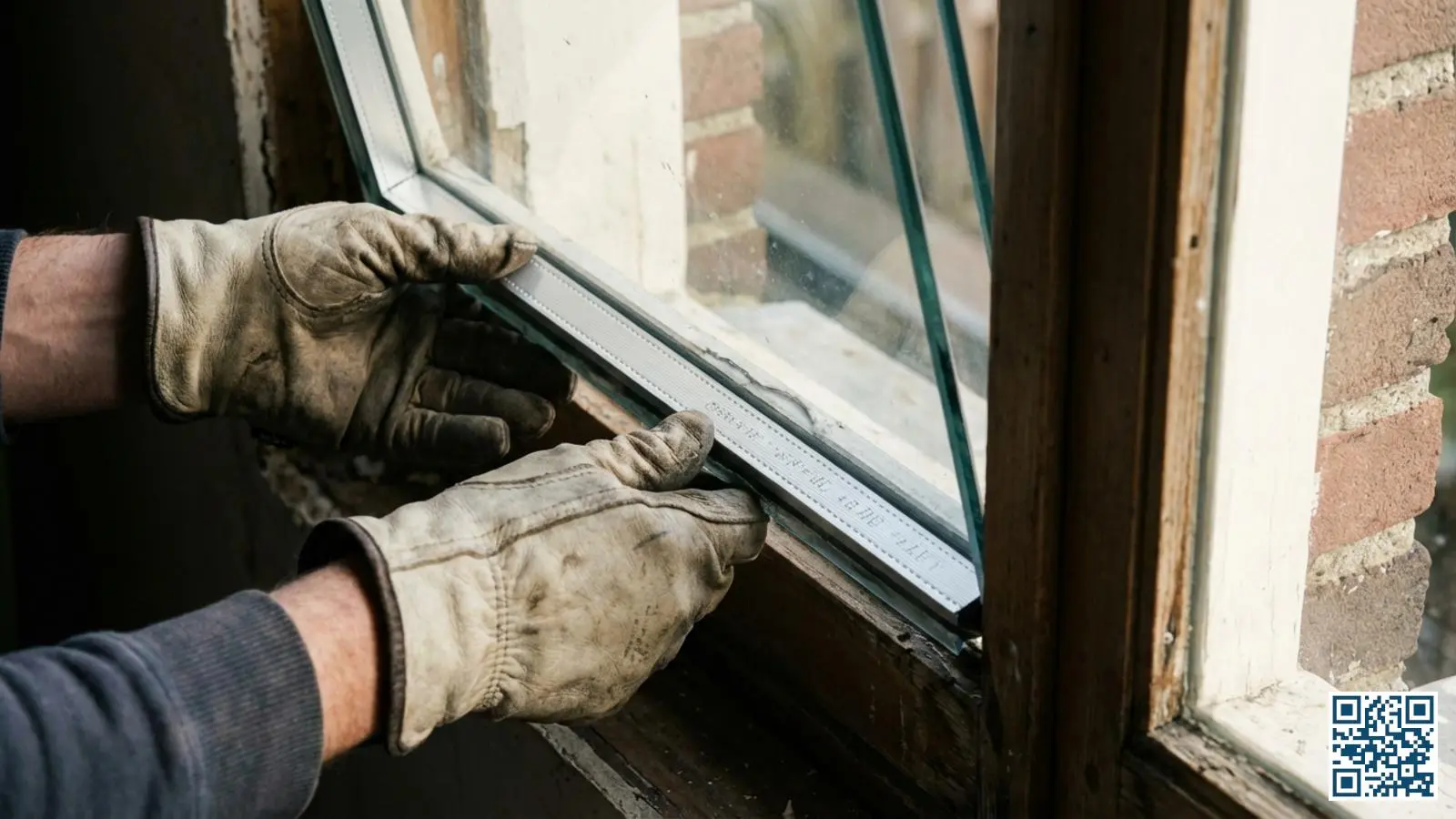 Close-up van isolatieglas met zichtbare aluminium afstandhouder tussen de glasplaten tijdens plaatsing door glaszetter
