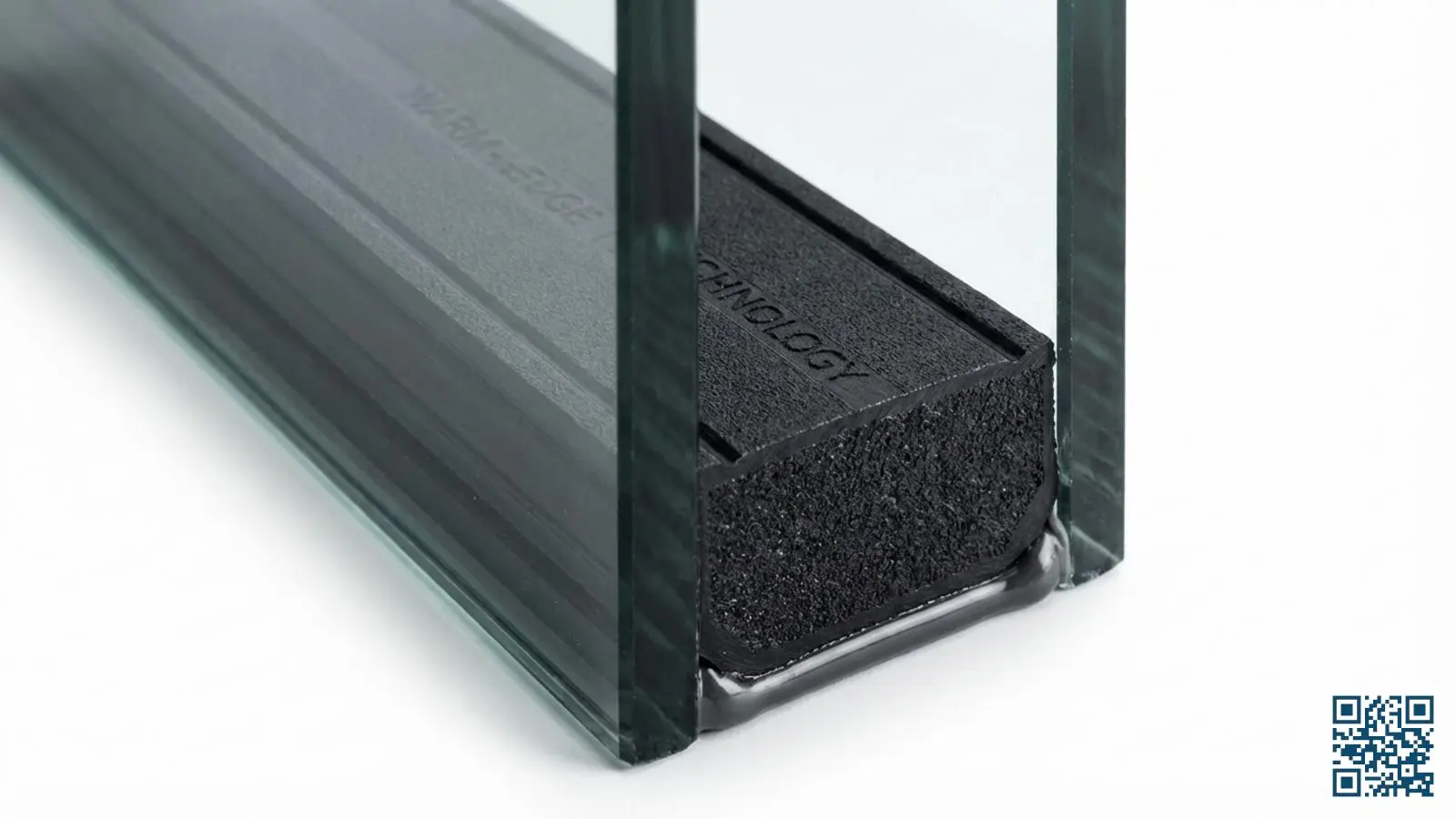 Detail van een zwarte warm-edge spacer in HR-glas die koudebrug aan de glasrand vermindert
