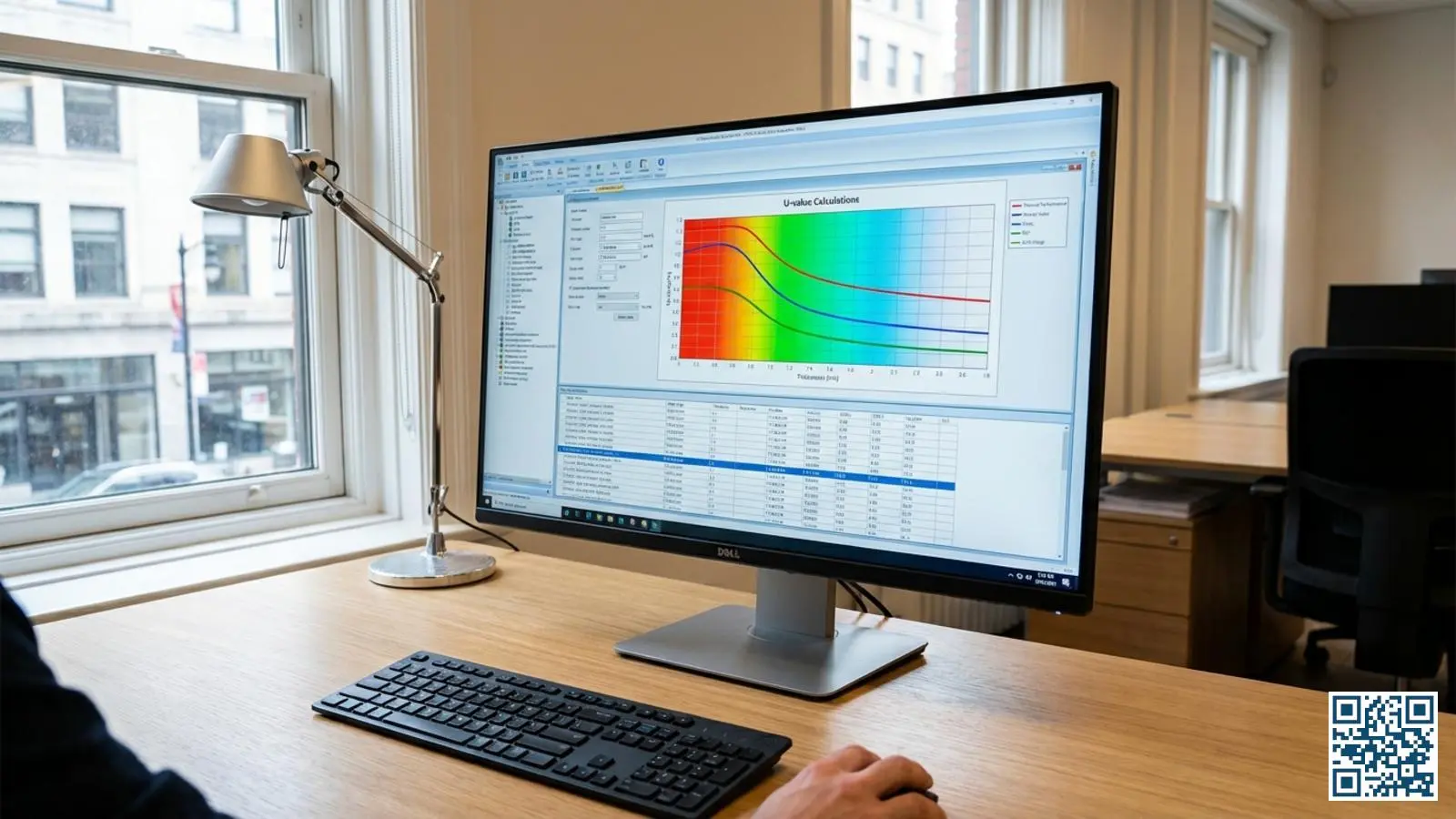 Computerscherm met glasberekeningssoftware die U-waarden en prestatiegrafieken toont voor HR-glas configuraties