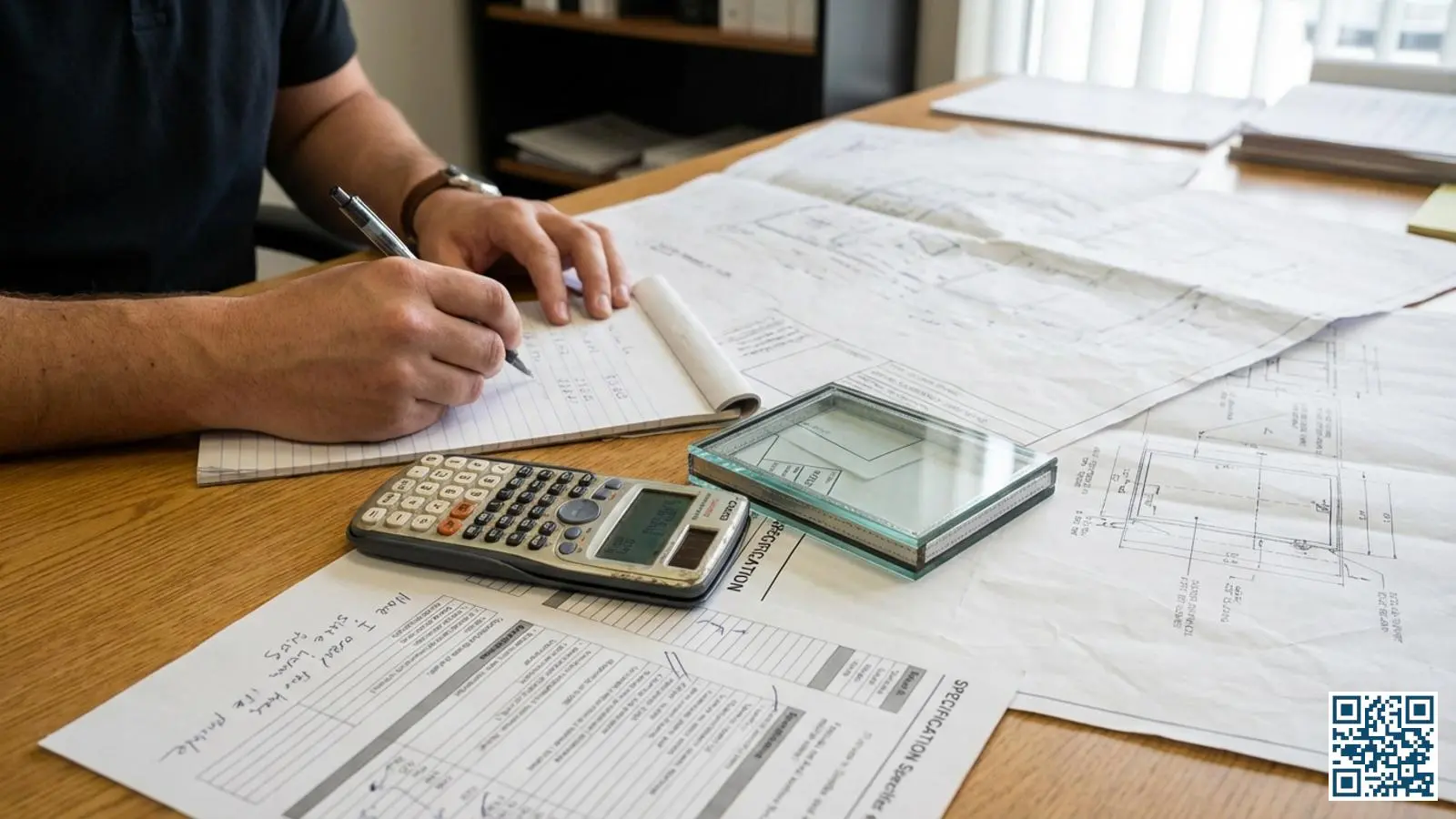 Bureau met calculator, glasmonster en technische tekeningen voor het berekenen van de U-waarde van isolatieglas