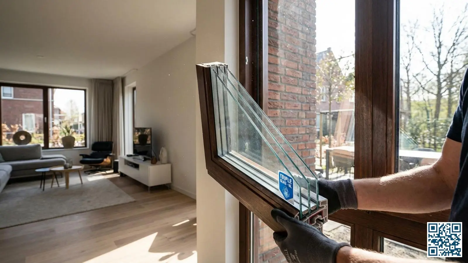 Dwarsdoorsnede van triple glas met drie glasplaten en twee geïsoleerde spouwen tijdens vakkundige installatie