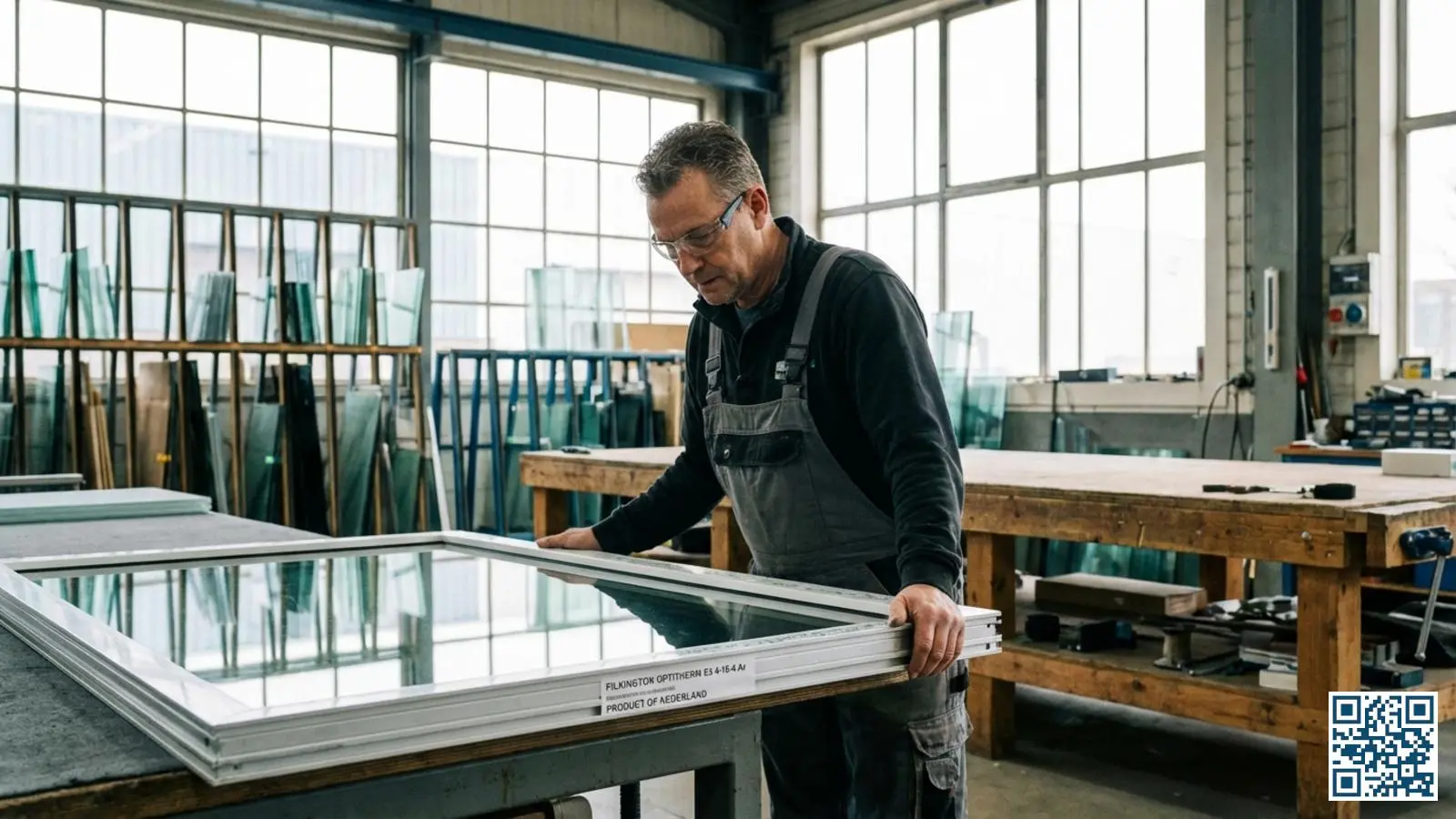 Glasprofessional bekijkt isolatieglasunit met zichtbare specificaties op de spacer in een Nederlandse werkplaats