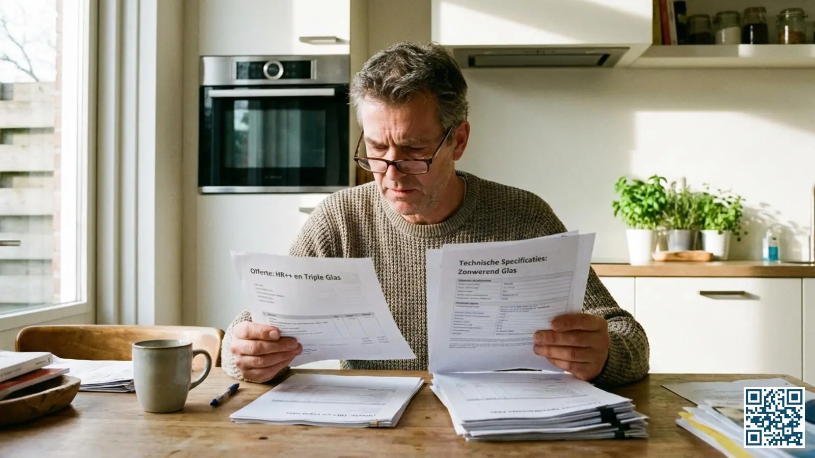 Huiseigenaar bestudeert zorgvuldig een offerte met glasspecificaties en U-waarden aan de keukentafel