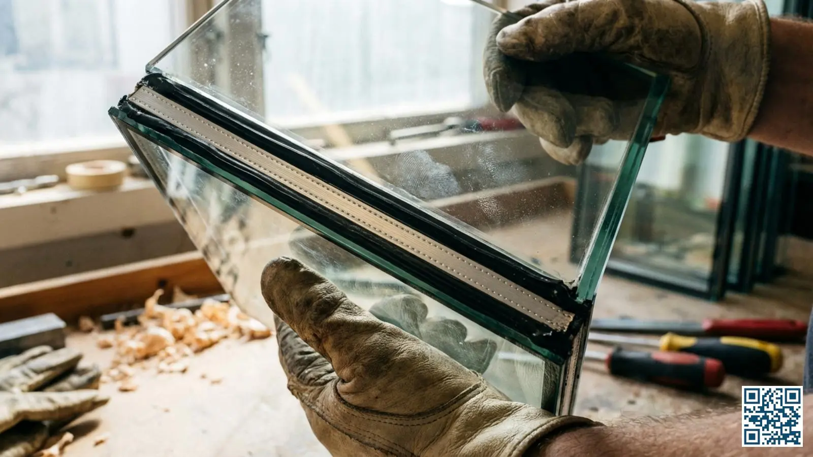 Close-up van een isolatieglasunit waarbij de spacer, afdichting en reflecterende coating zichtbaar zijn