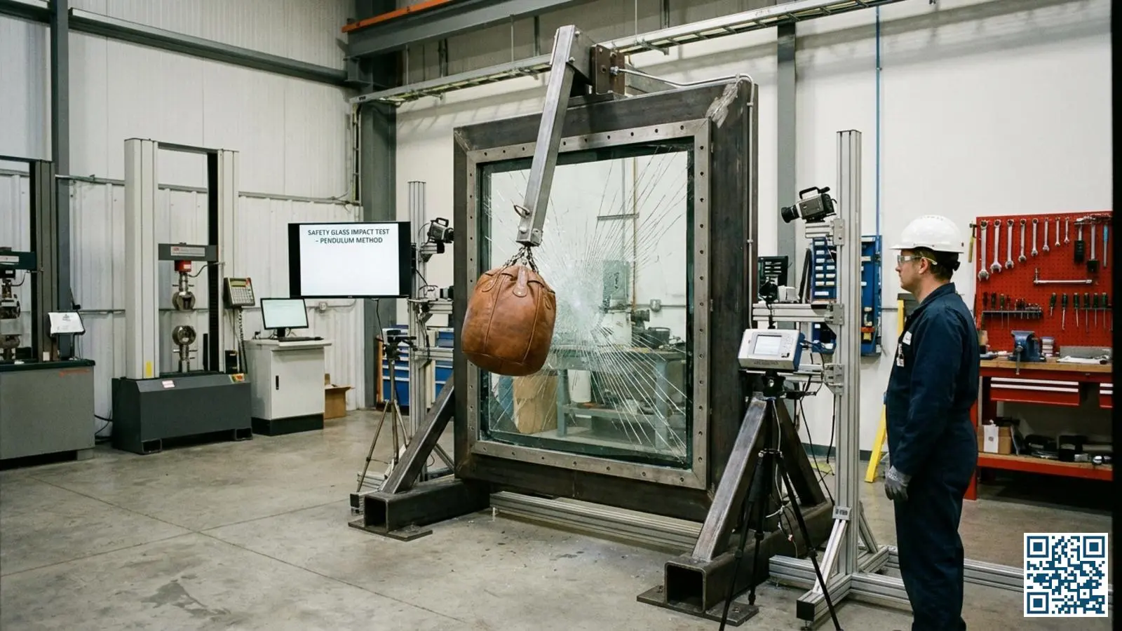 Slingerproef test op veiligheidsglas in een laboratorium met meetapparatuur en stalen testframe