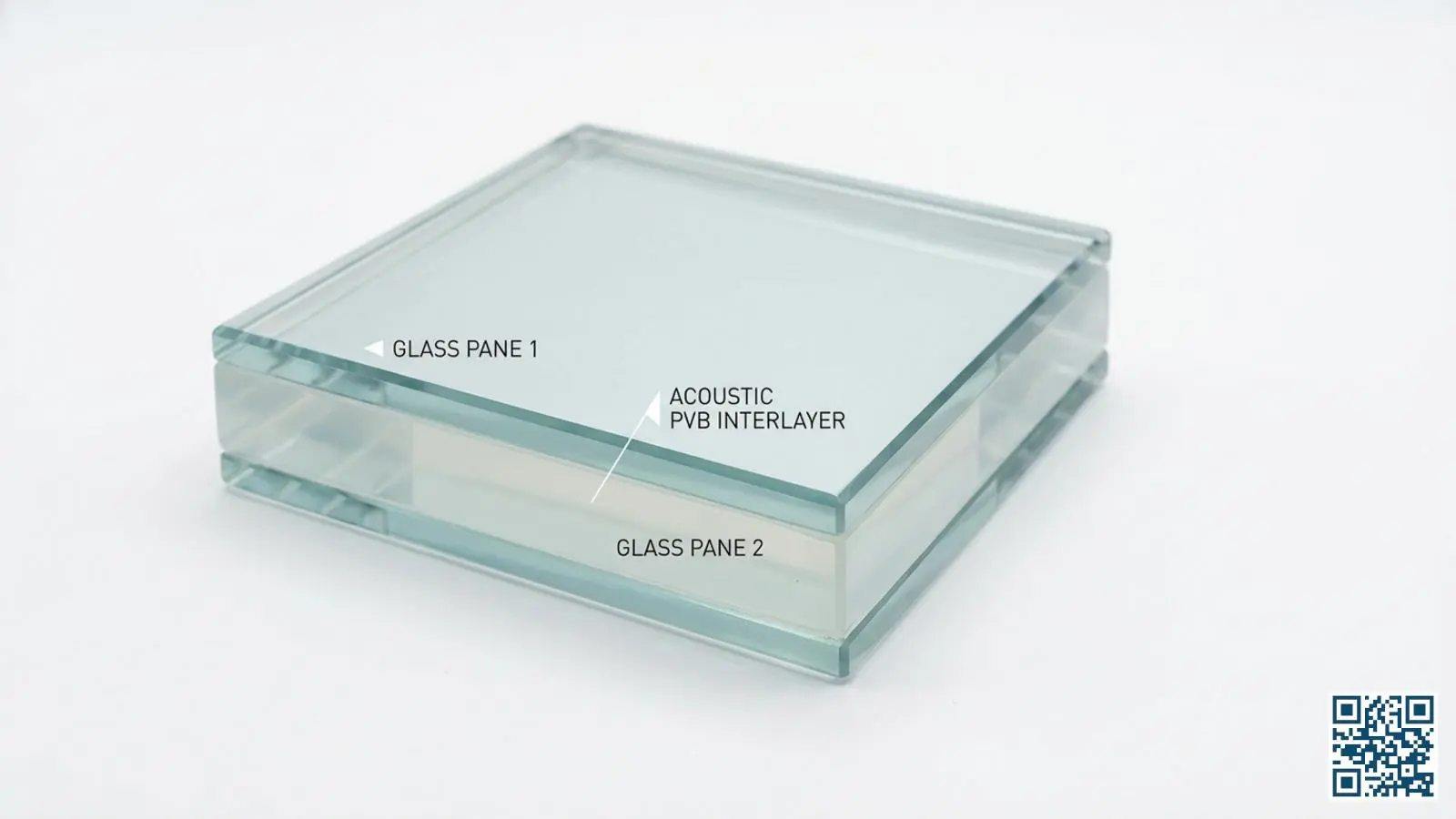 Doorsnede van akoestisch gelamineerd glas met zichtbare glaslagen en akoestische PVB-folie daartussen