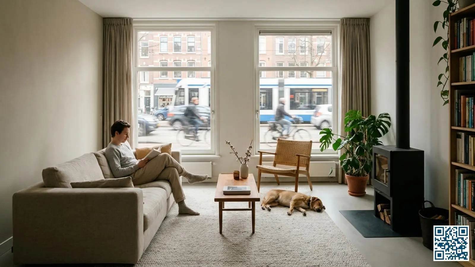 Rustige woonkamer met grote ramen aan een drukke straat waar een bewoner ongestoord een boek leest