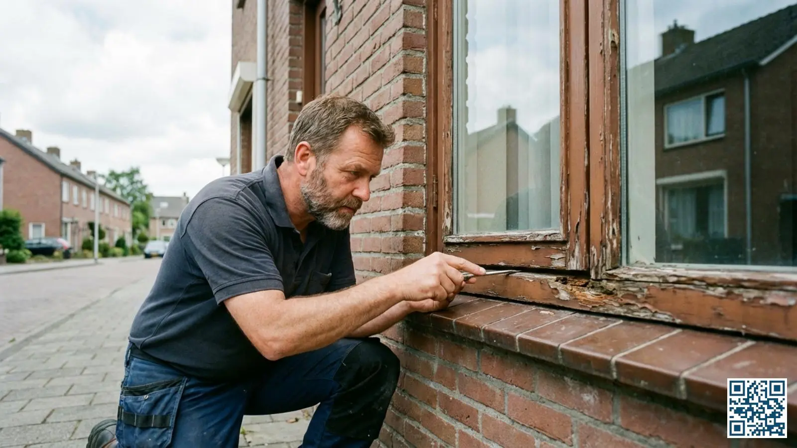 Huiseigenaar inspecteert de conditie van een ouder houten kozijn met dubbelglas op tekenen van slijtage