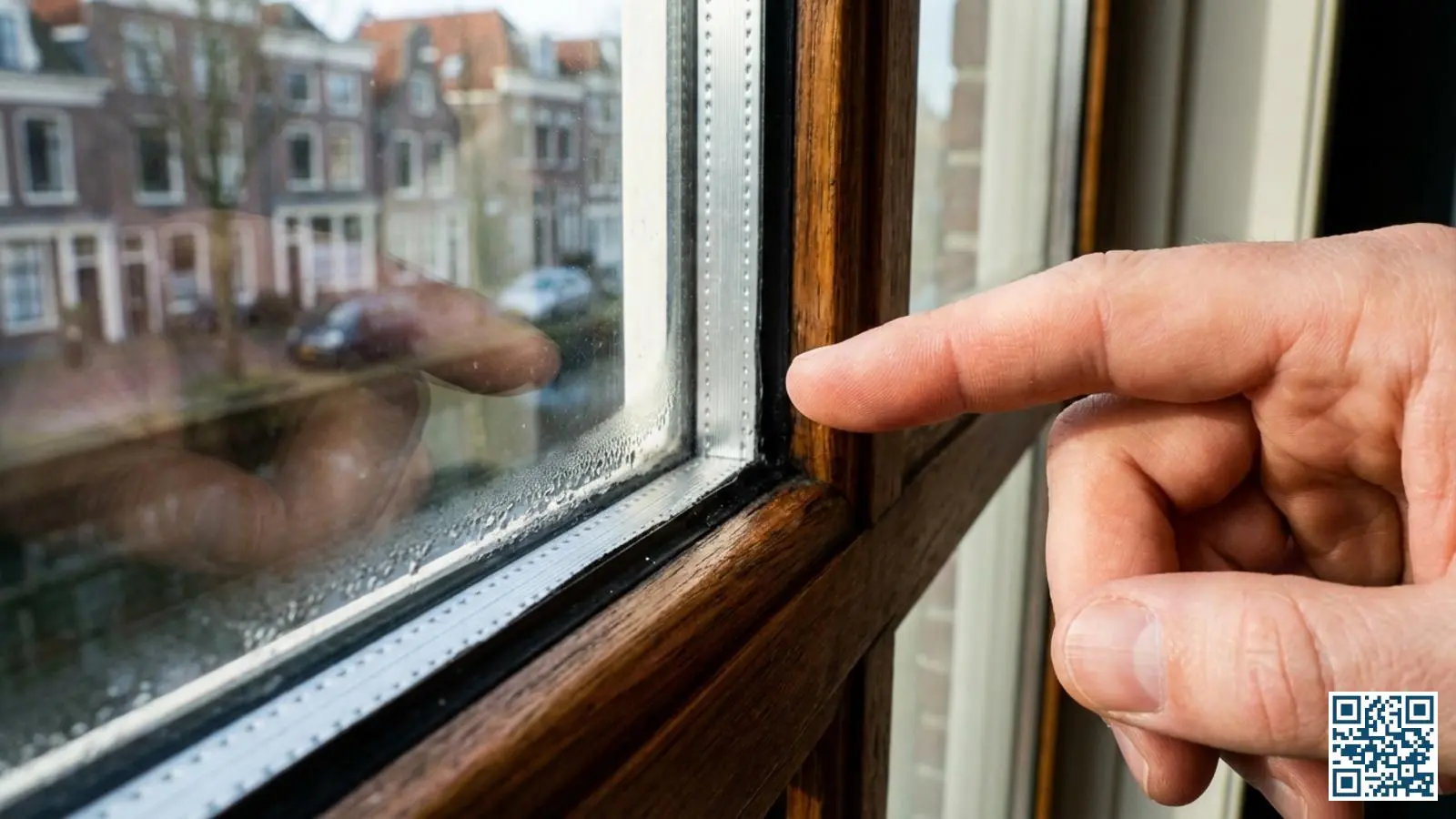 Close-up van dubbelglas met zichtbare spacer bar en spouw tussen de glasplaten