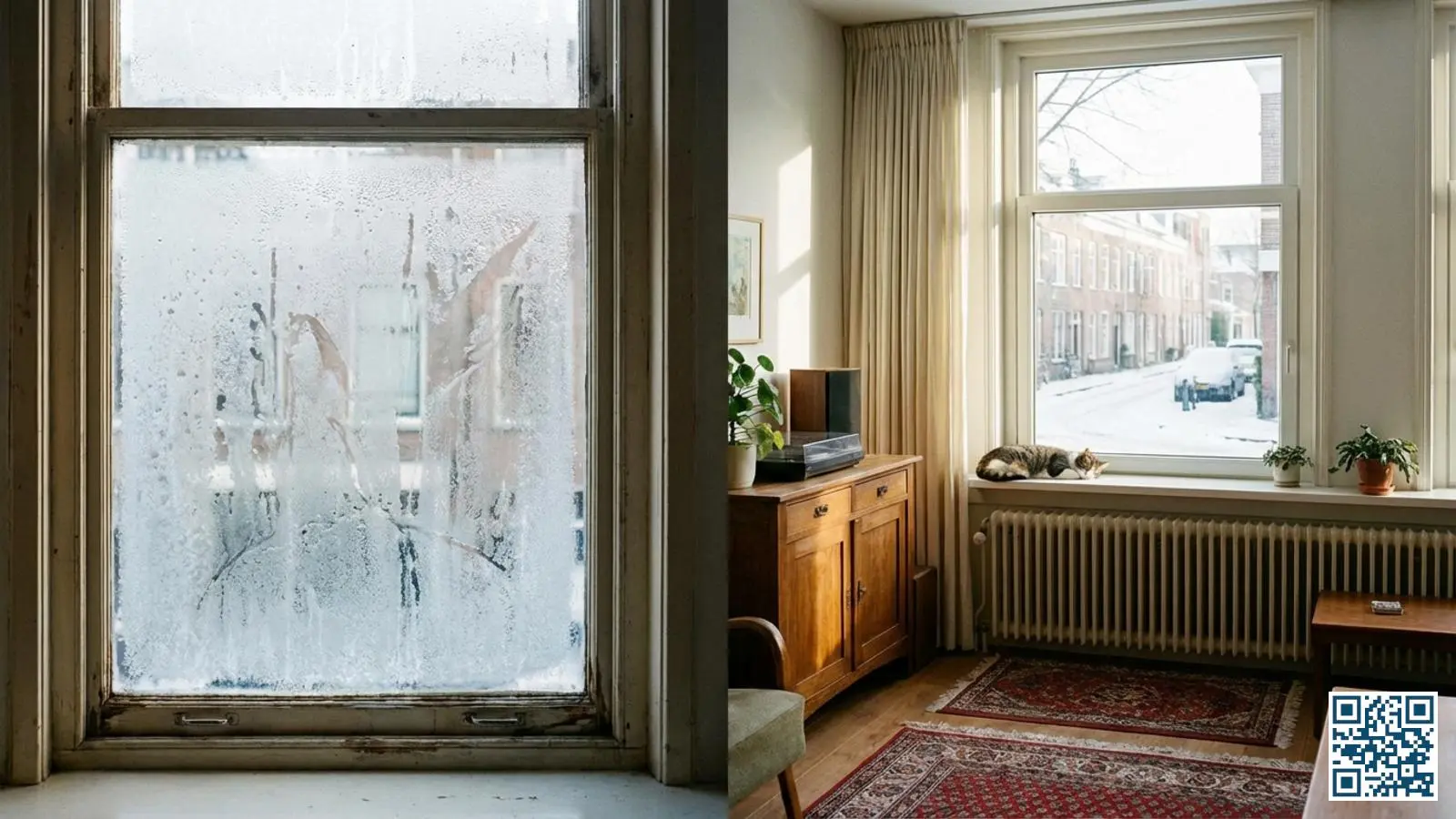 Vergelijking tussen enkelglas met condensatie en helder HR++ glas in een Nederlandse woonkamer