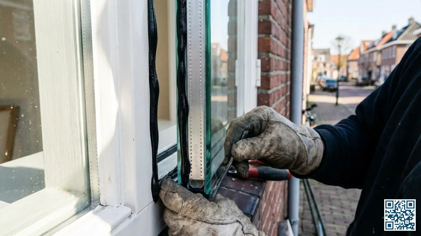 Close-up van HR++ glas tijdens plaatsing door een glaszetter met zichtbare spacer en dubbele glasbladen