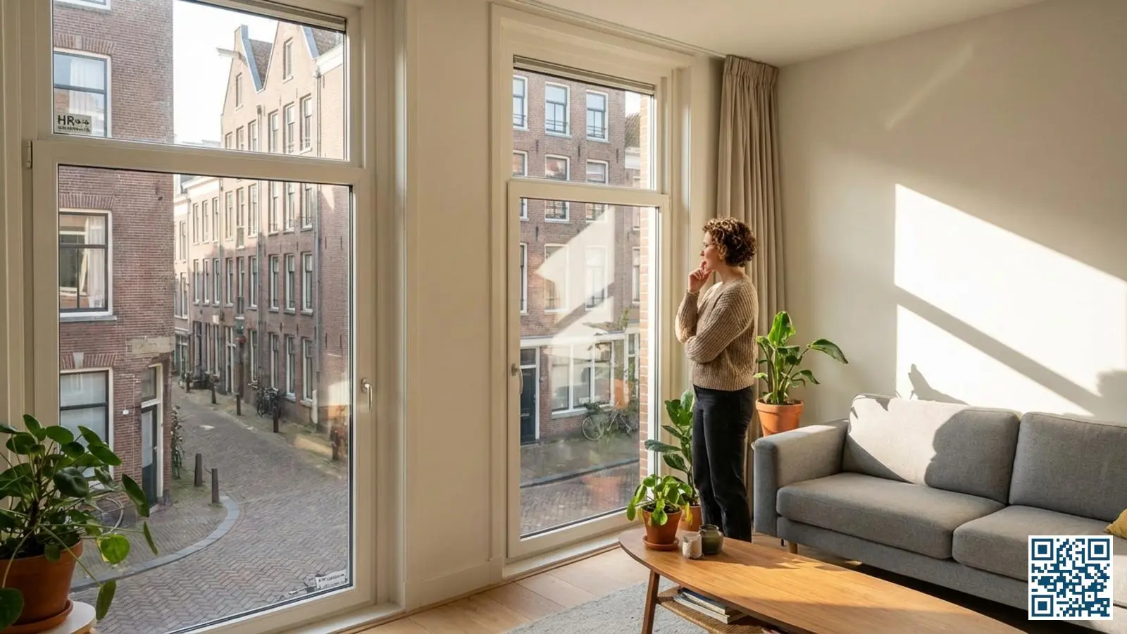 Nederlandse woonkamer met grote ramen en HR-glas waar een bewoner de beglazing bekijkt