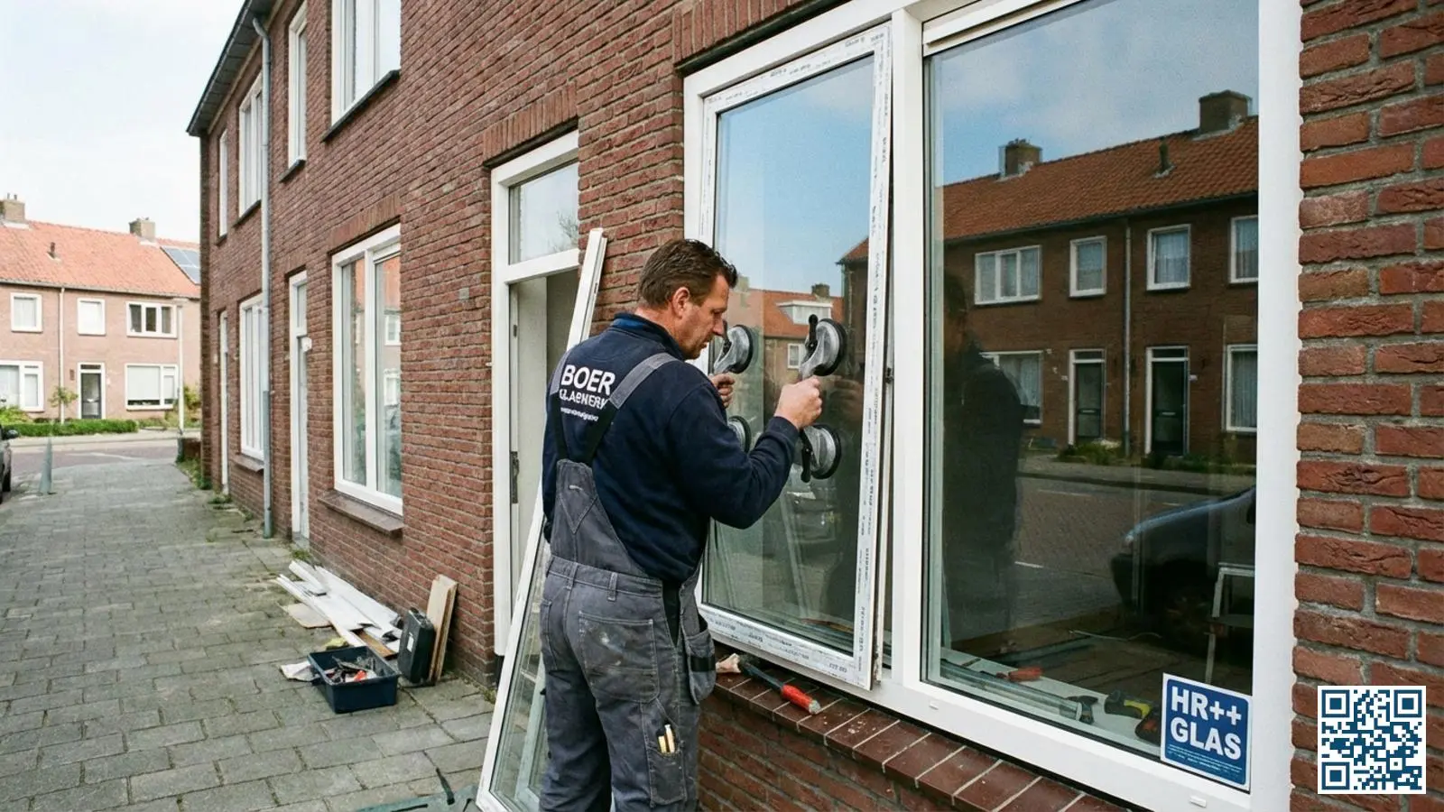 Glaszetter plaatst nieuw HR++ glas in een kunststof kozijn van een Nederlandse woning