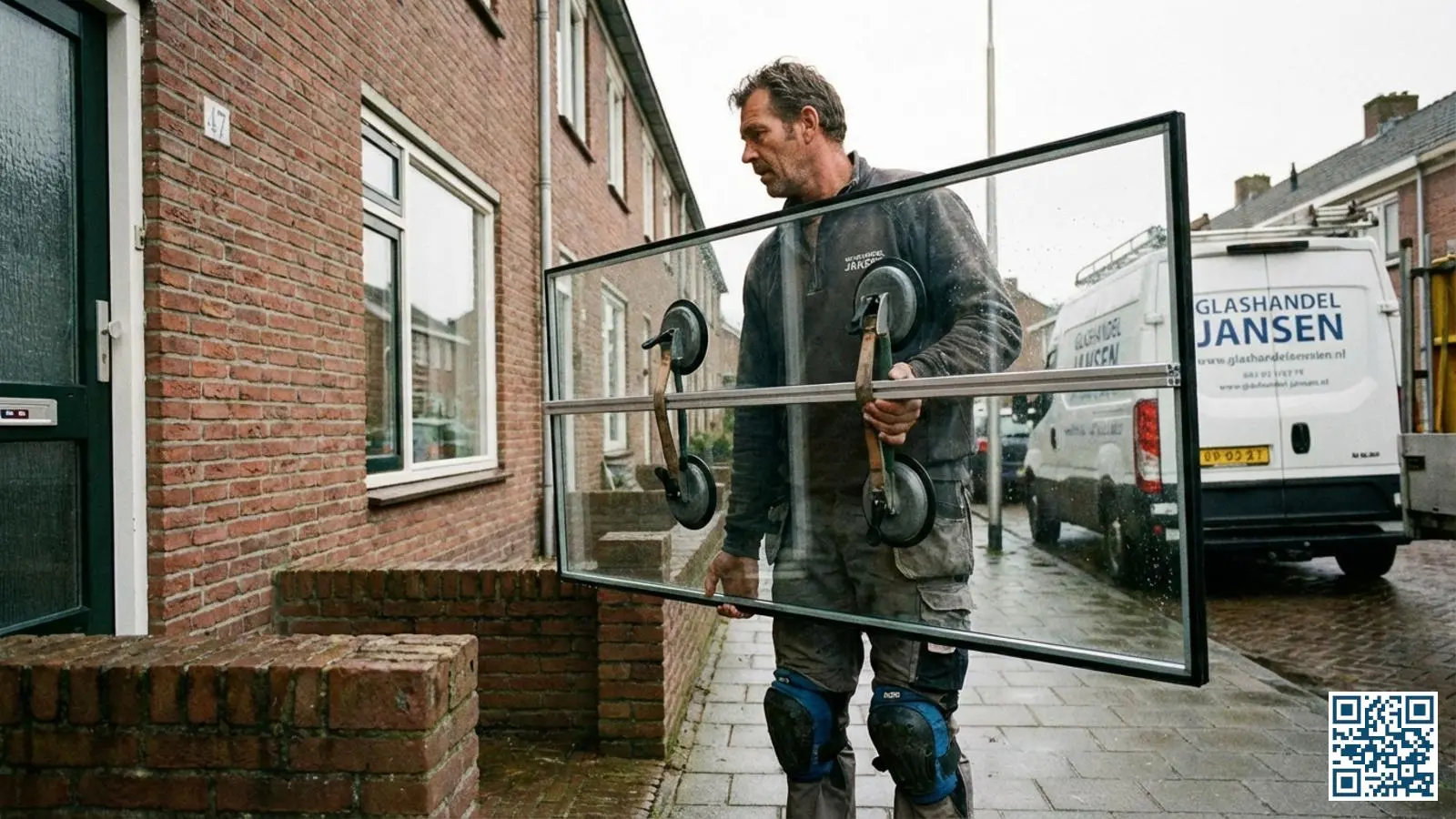 Nederlandse glaszetter draagt een isolerende glasunit naar een rijtjeshuis voor professionele installatie