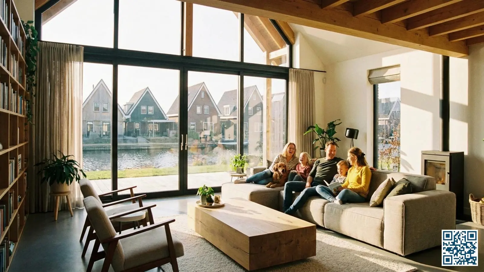 Moderne Nederlandse woonkamer met grote vloer-tot-plafond ramen en hoogwaardig isolerend glas waar daglicht doorheen stroomt