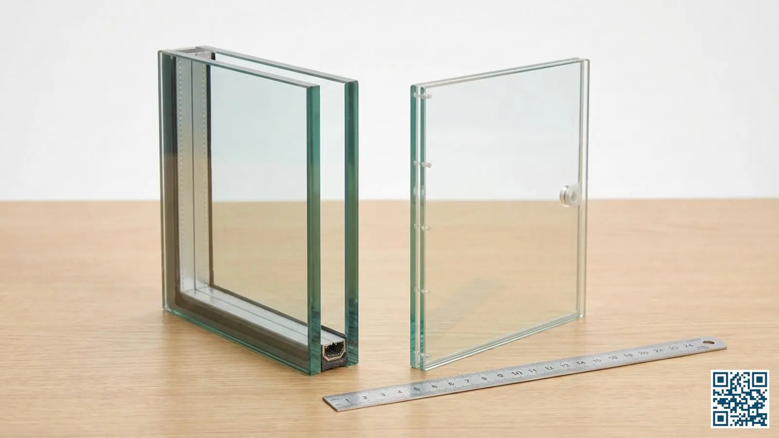 Twee glasmonsters naast elkaar op tafel waarbij het grote dikteverschil tussen HR++ glas en vacuümglas duidelijk zichtbaar is