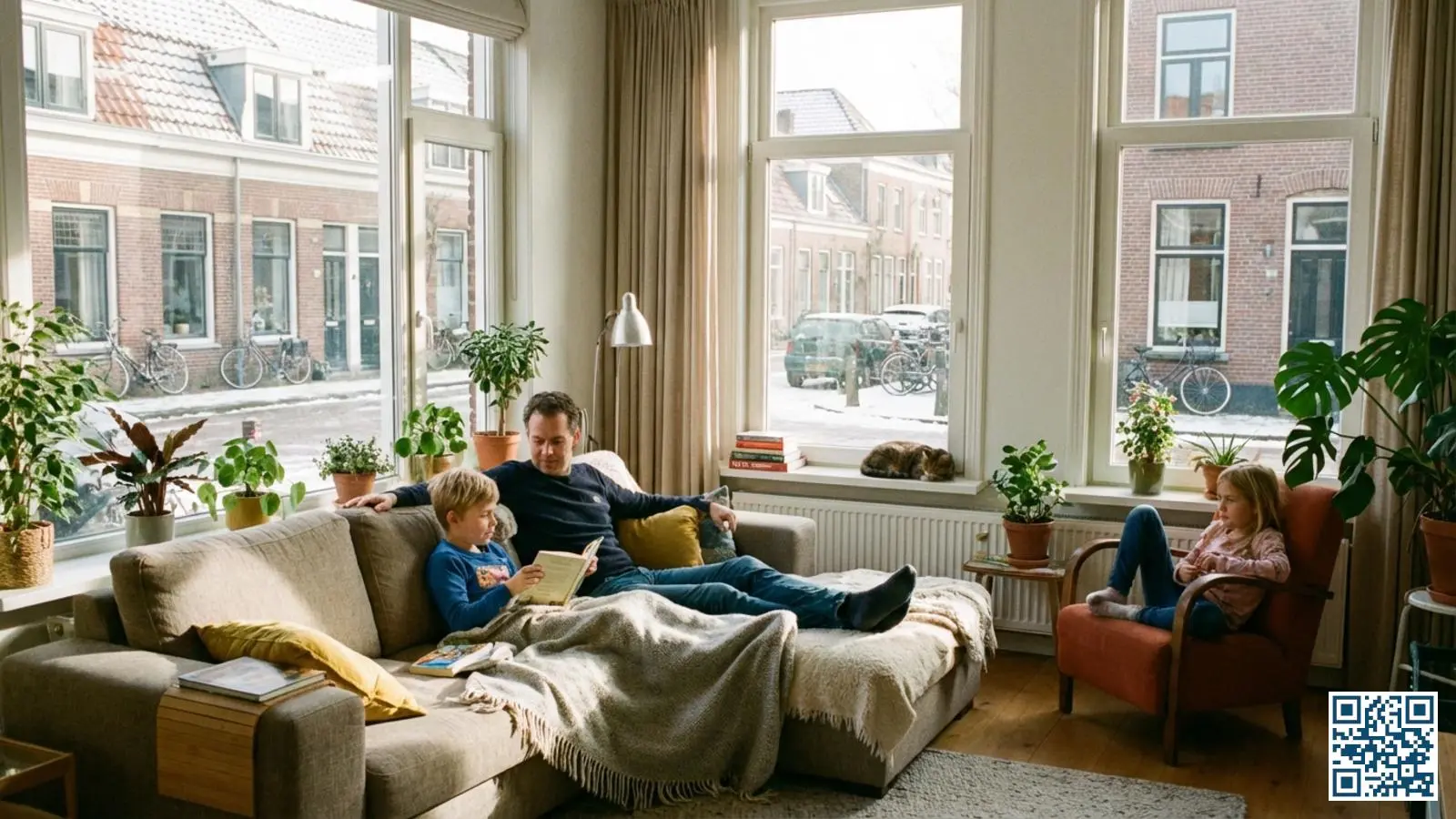 Gezin zit comfortabel bij grote ramen in de woonkamer tijdens een winterdag met goed geïsoleerd glas