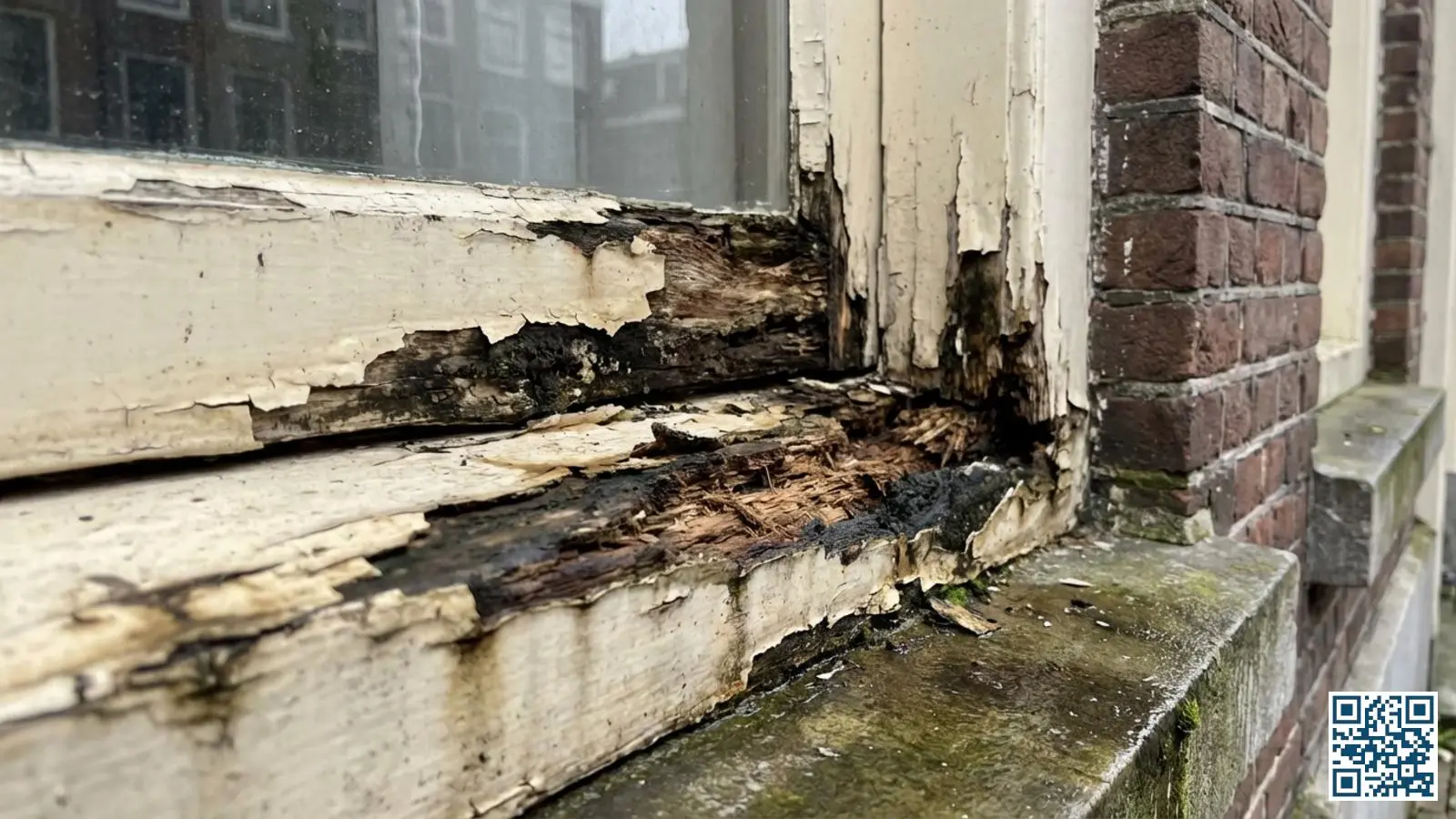 Close-up van een oud houten kozijn met duidelijke houtrotschade aan de onderdorpel en hoeken