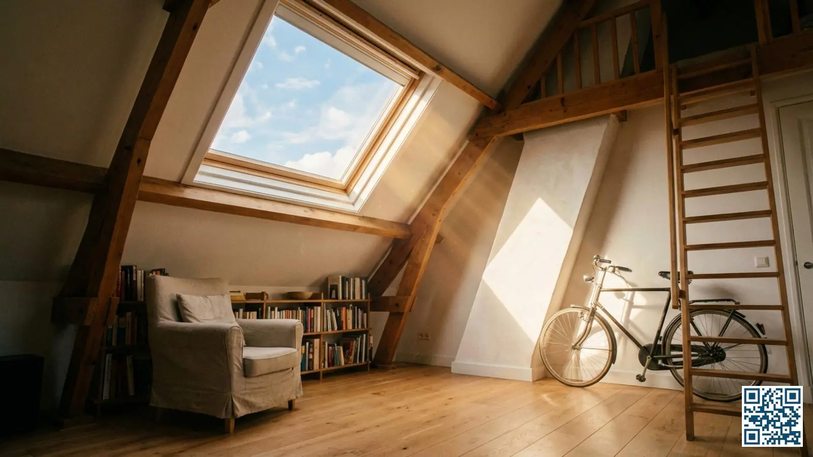 Dakraam in schuin dak van Nederlandse woning met zonlicht dat door het glas naar binnen stroomt in een lichte zolderkamer