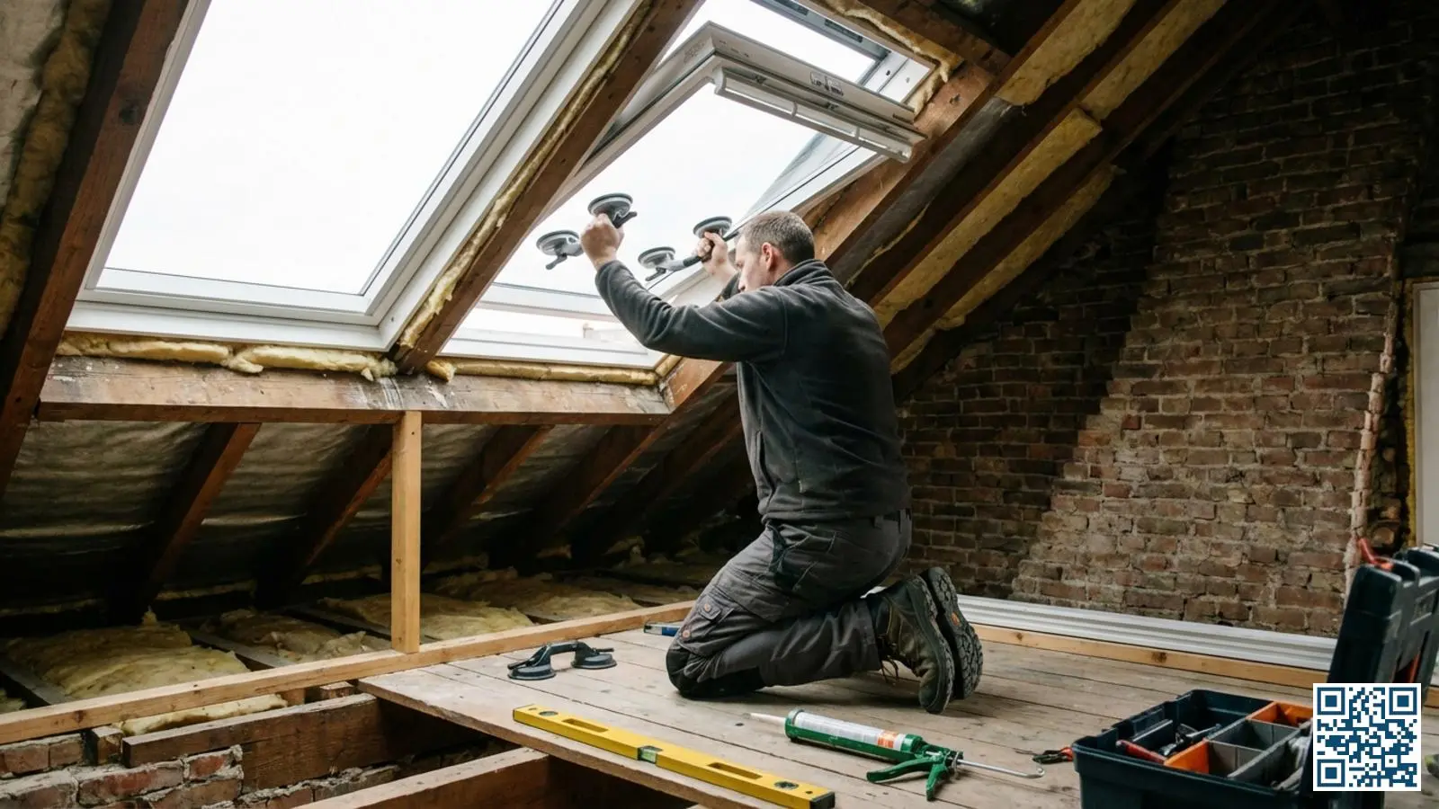 Professionele monteur werkt aan de installatie van een dakraam in een zolderkamer van een Nederlandse woning
