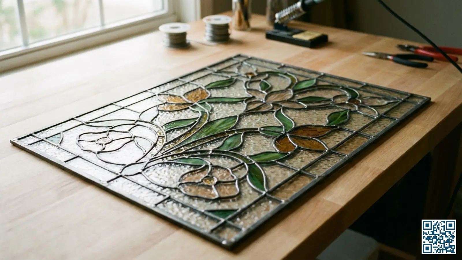 Gerestaureerd glas-in-lood paneel met bloemmotief en gekleurde glasstukken klaar voor montage op een werkbank