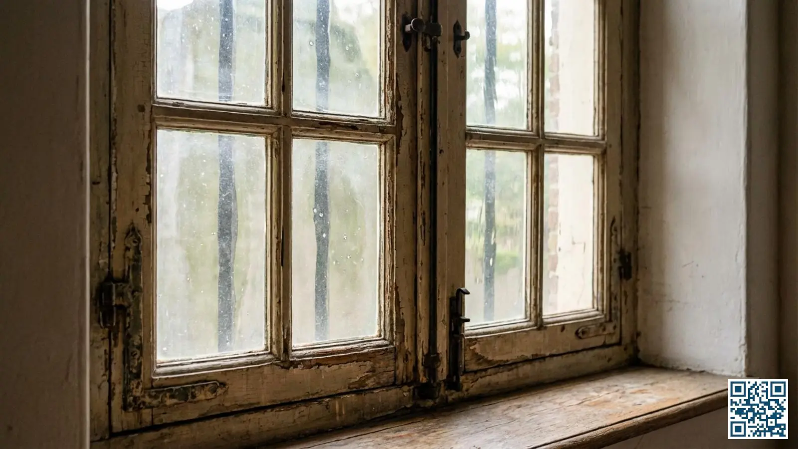 Detail van een authentiek houten kozijn in een monumentaal pand met originele raamindeling en historisch glas