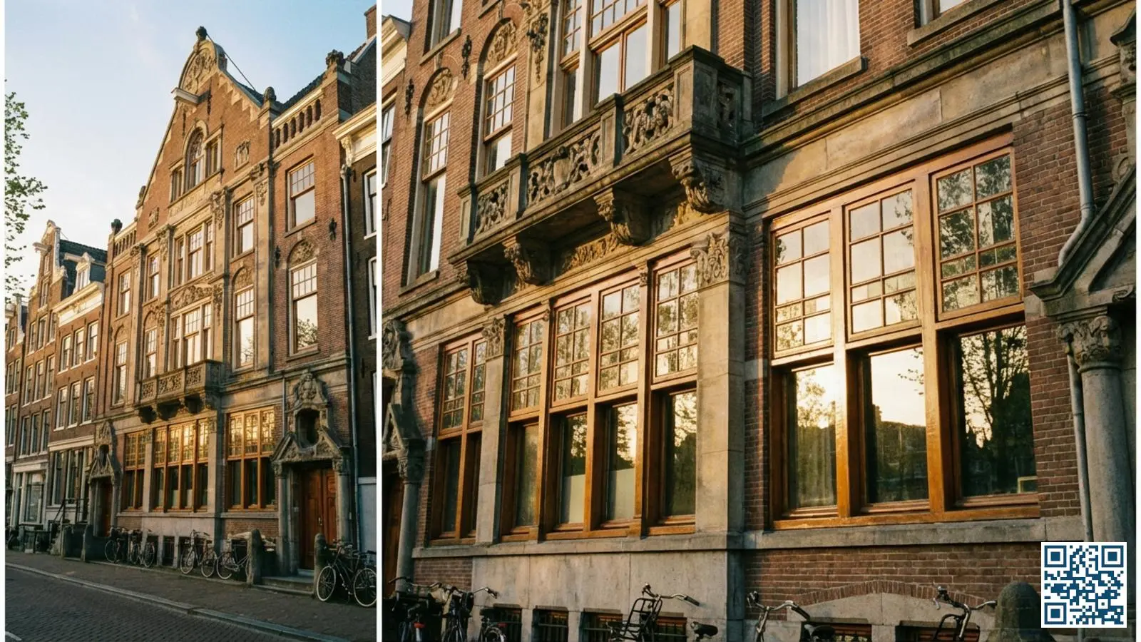 Monumentaal grachtenpand met karakteristieke hoge ramen en originele houten kozijnen in warme namiddagzon