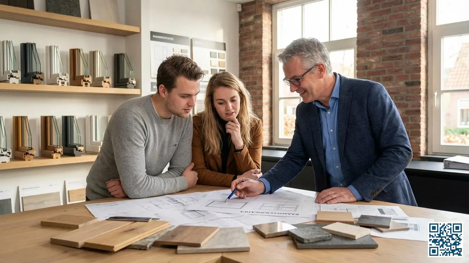 Toekomstige huiseigenaren bekijken samen met een adviseur de glasspecificaties in de bouwplannen voor hun nieuwbouwwoning