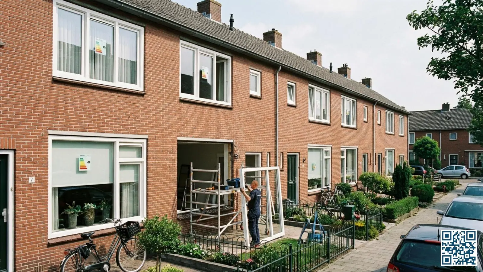 Nederlandse rijtjeshuizen met witte kunststof kozijnen en modern HR-glas in een typische woonstraat