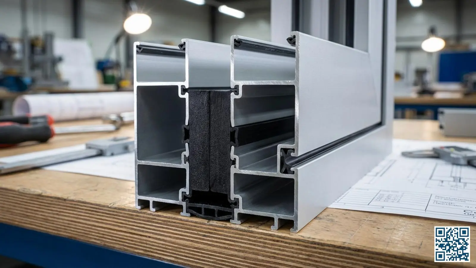 Dwarsdoorsnede van aluminium schuifpui profiel met zichtbare zwarte thermische onderbreking tussen binnen- en buitendeel