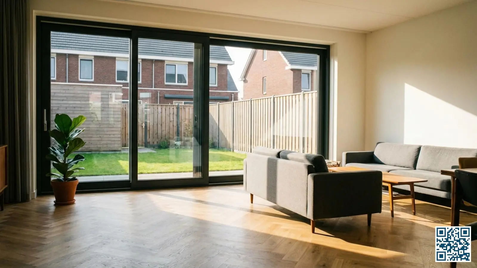 Moderne woonkamer met grote aluminium schuifpui naar de tuin waar daglicht door het HR-glas naar binnen stroomt