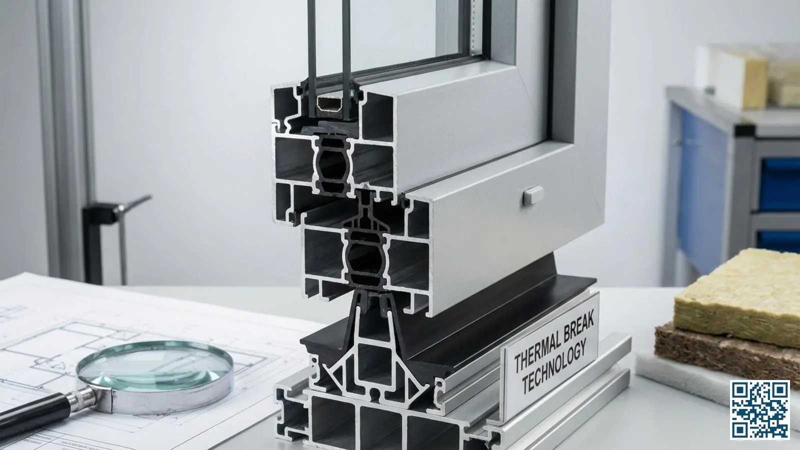 Doorsnede van aluminium serreprofiel met zichtbare thermische onderbreking voor betere isolatie