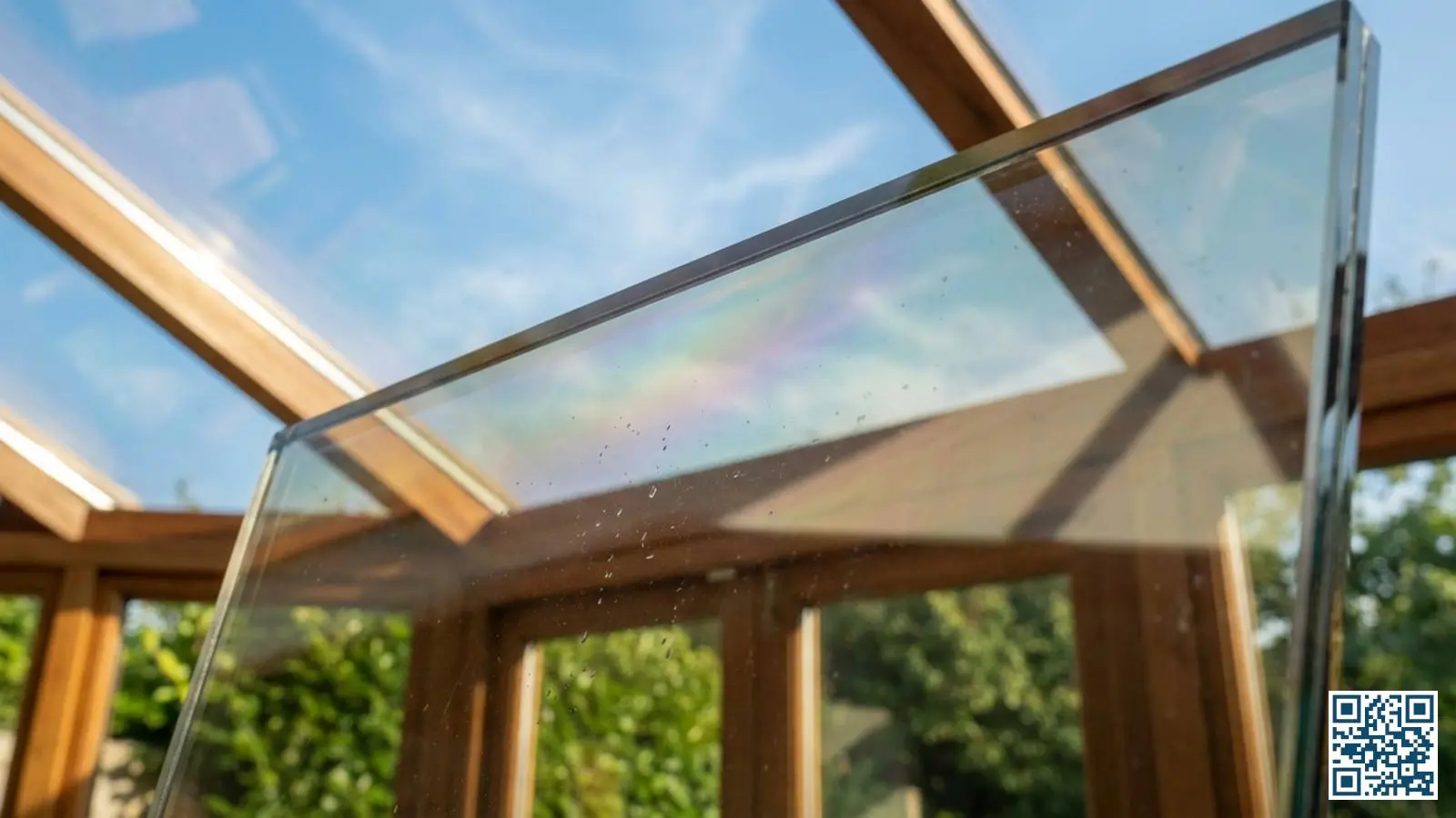 Close-up van zonwerend glas in een serredak met zichtbare coating die zonlicht filtert