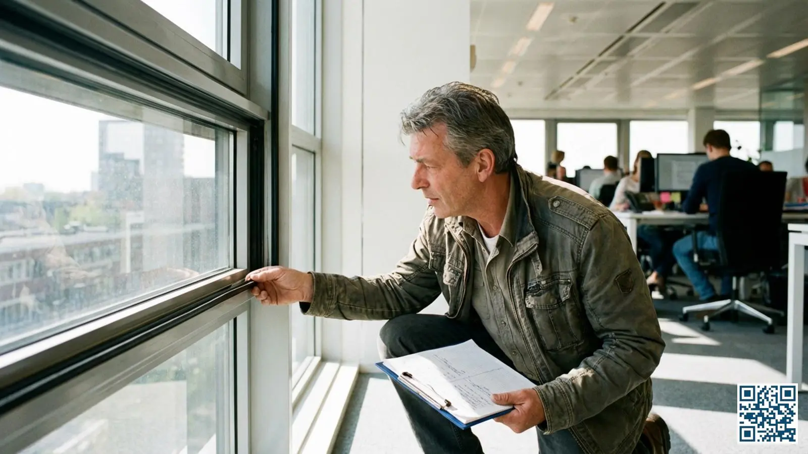 Facility manager controleert de staat van kozijnen en glas in een modern kantoorgebouw met daglicht