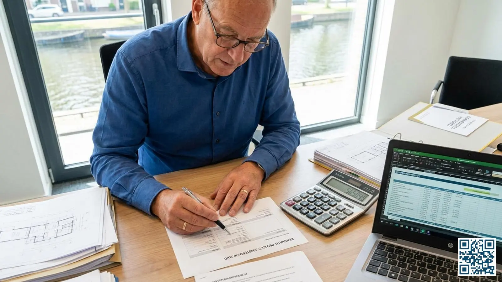 Financieel adviseur berekent de ROI van een HR-glas investering voor zakelijk vastgoed met calculator en documenten