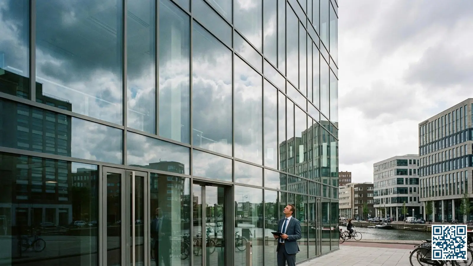Modern kantoorgebouw met grote HR-glas gevelpanelen in een Nederlands zakendistrict met facility manager
