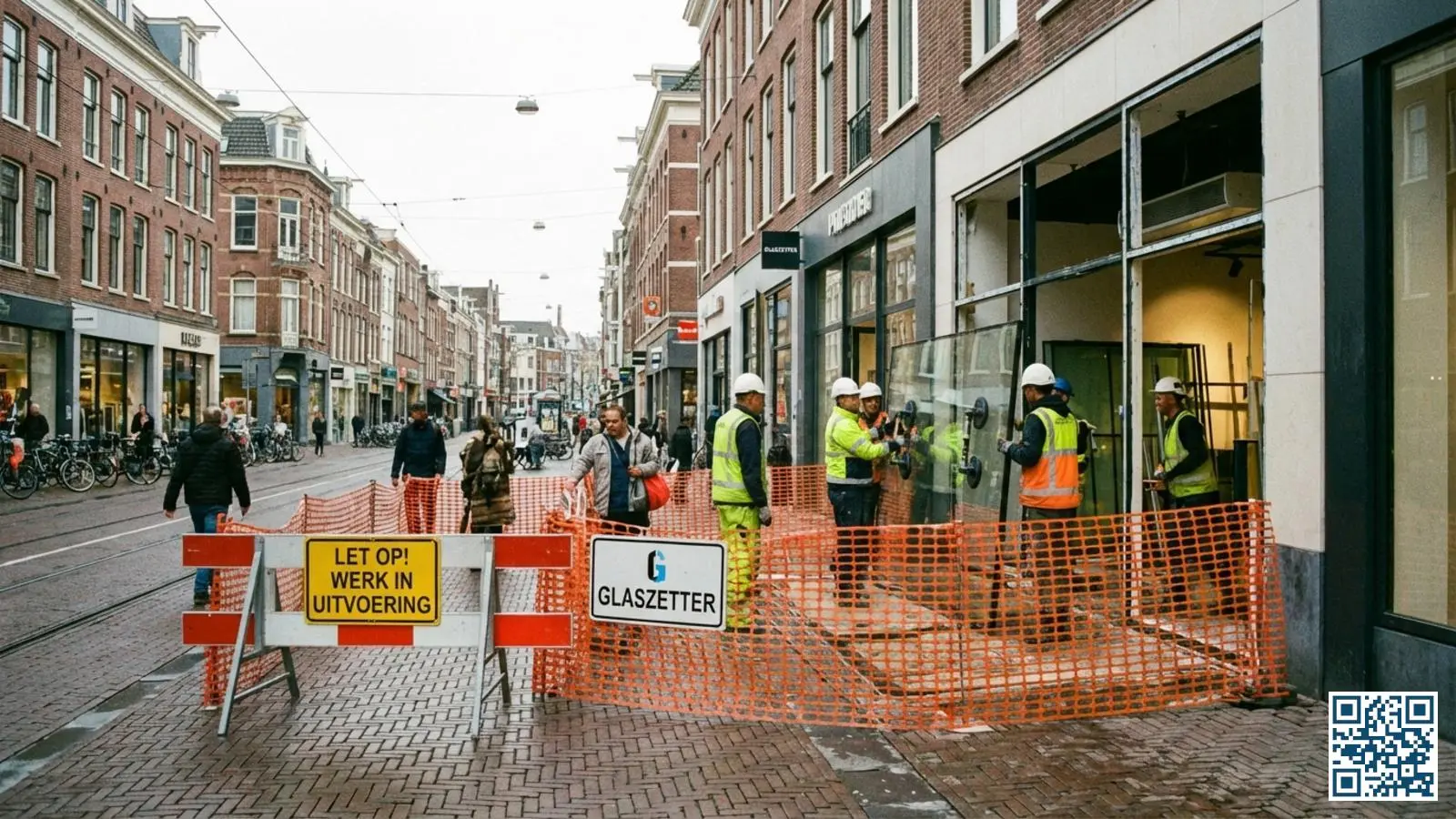 Veiligheidsafzetting met bouwhekken rond een winkelpand waar glasvervanging plaatsvindt in een Nederlandse winkelstraat