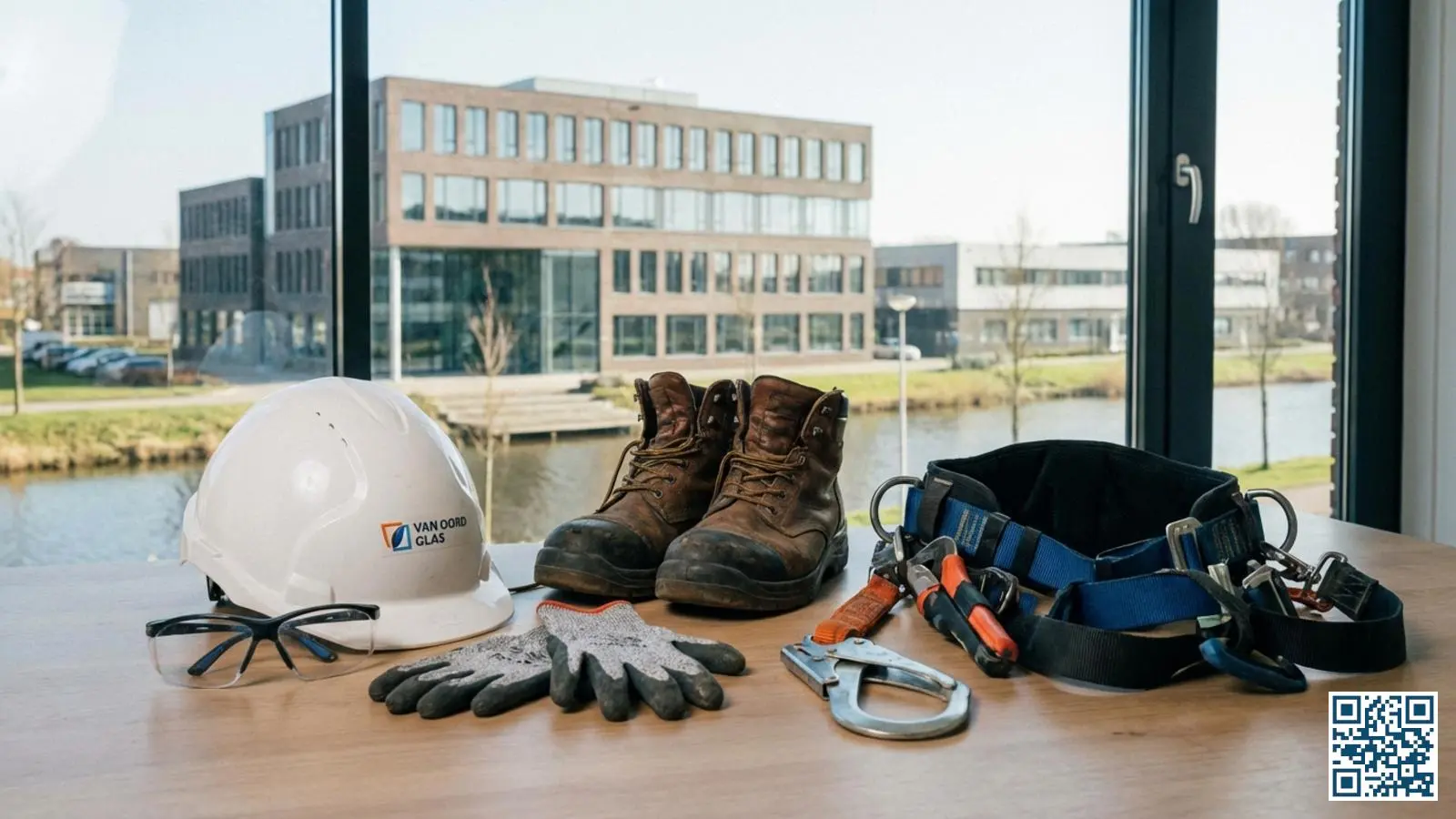 Professionele veiligheidsuitrusting voor glasvervanging in een bedrijfspand met helm, handschoenen en veiligheidsbril