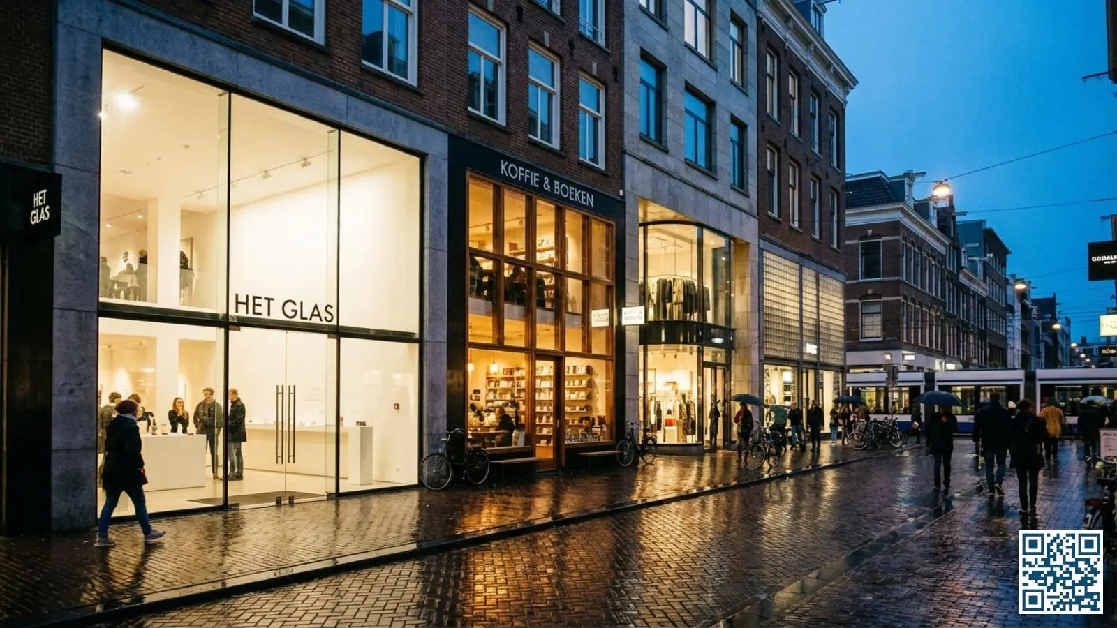 Moderne winkelstraat in de schemering met diverse winkelpuien en verlichte etalages