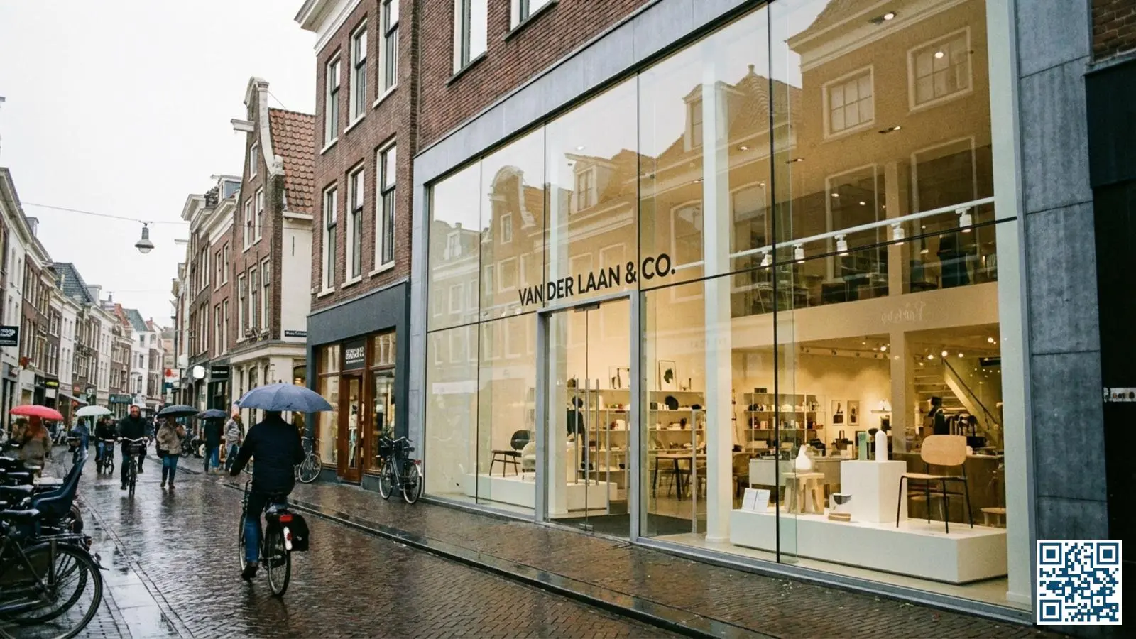 Nederlandse winkelstraat met moderne winkelpuien en grote etalageruiten die producten helder tonen