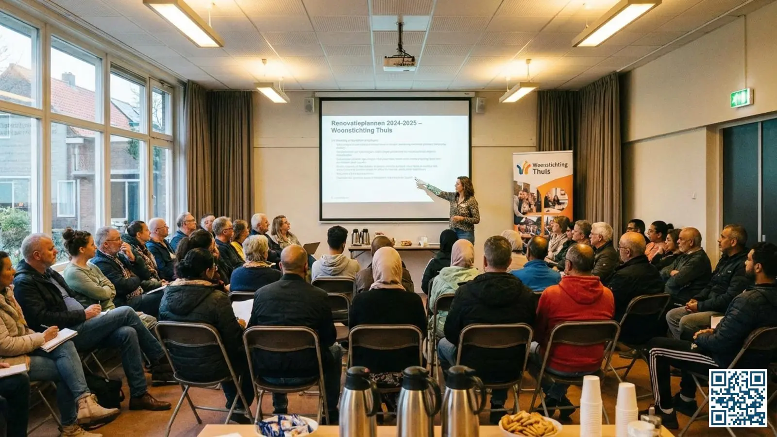 Bewonersbijeenkomst waar woningcorporatie renovatieplannen voor glasvervanging presenteert aan huurders