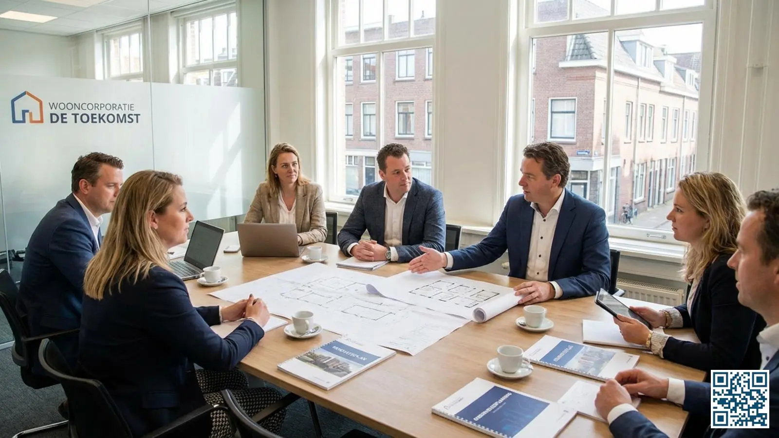 Vastgoedmanagers van woningcorporatie in vergadering over onderhoudsplanning met documenten op tafel