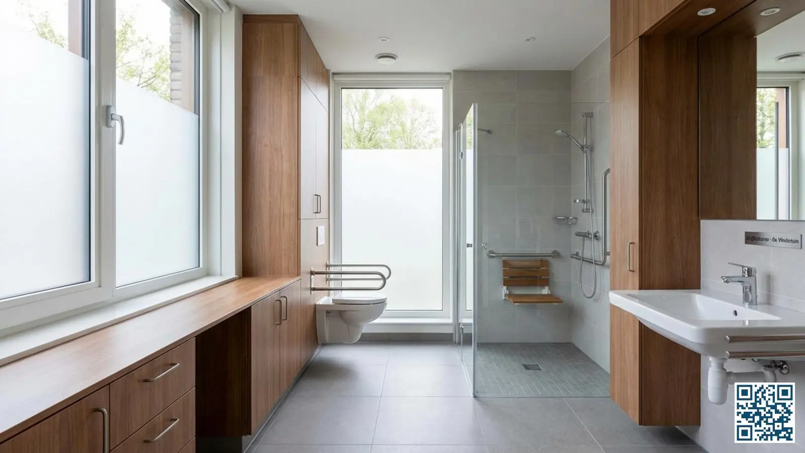 Toegankelijke badkamer in zorginstelling met matglas ramen voor privacy en daglicht